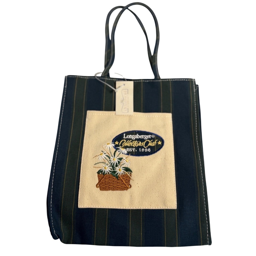 VTG Longaberger Collectors Club Tote Bag Blue‎ Green Striped Floral Embroidered